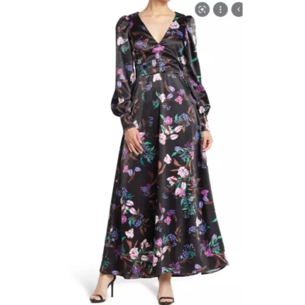 AFRM Black Floral Satin Maxi Dress with Purple & Green Accents